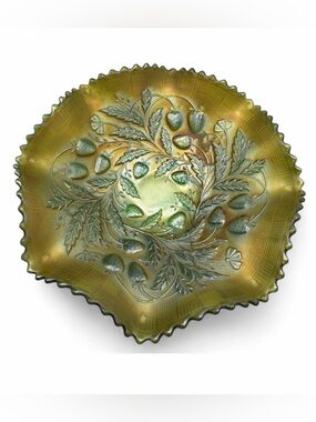 Northwood Antique Green Carnival Glass Strawberry Basketweave Ruffle Edge Bowl